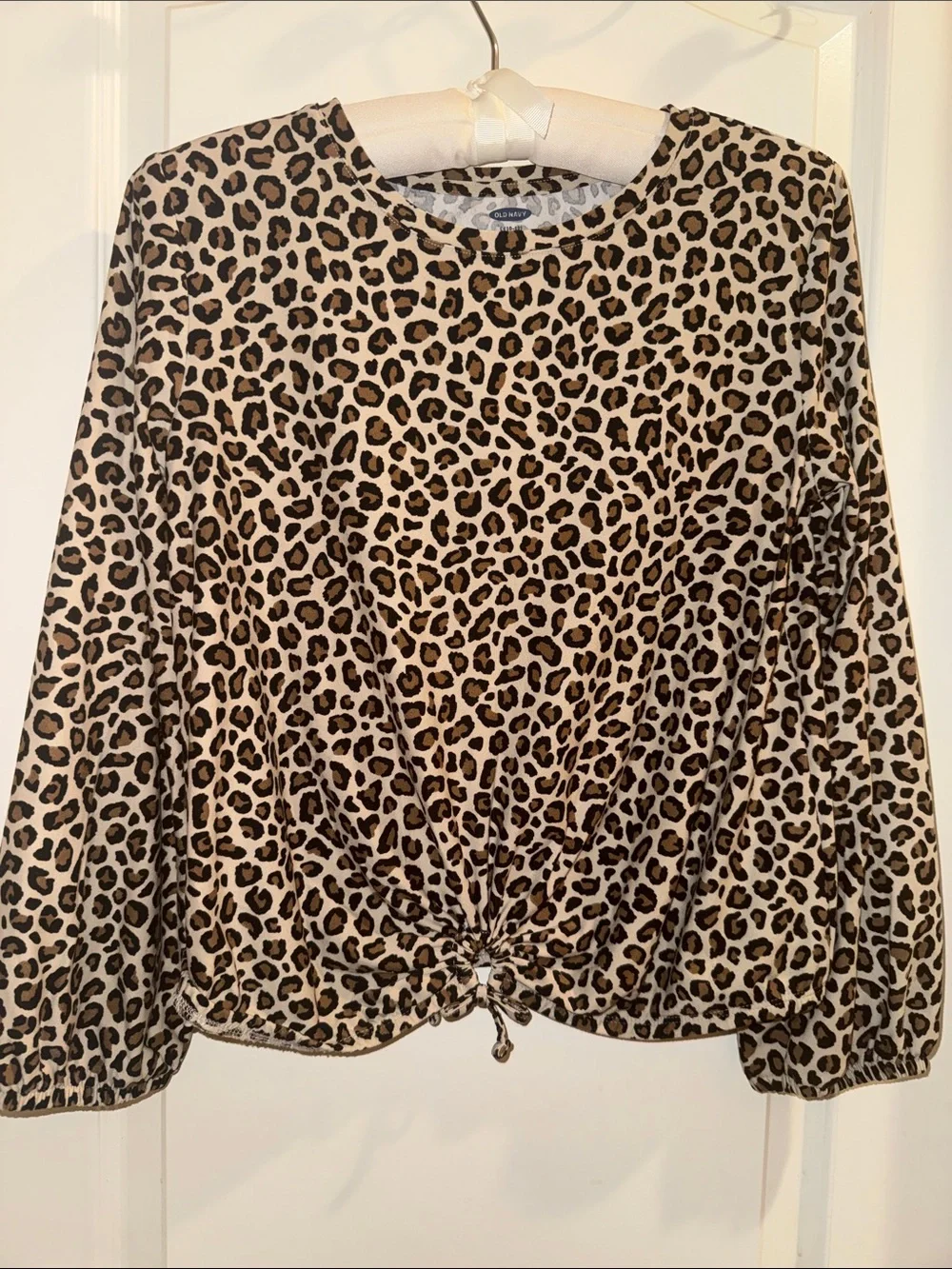 Old Navy Beige and Black Leopard Tie-Hem Long Sleeve Top